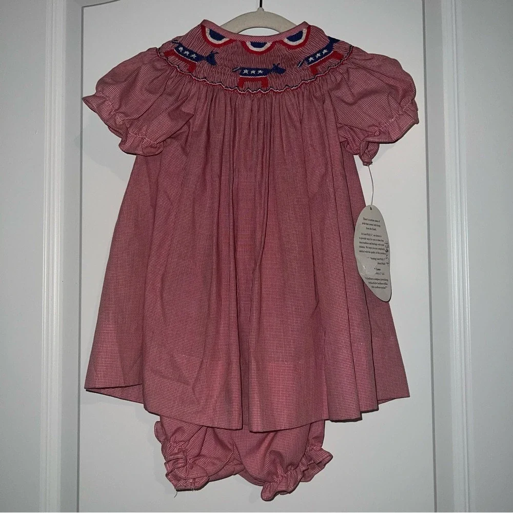 Aunt Pollys Baby Girls Red Gingham Smocked Donkey Patriotic Dress Bloomers 9M